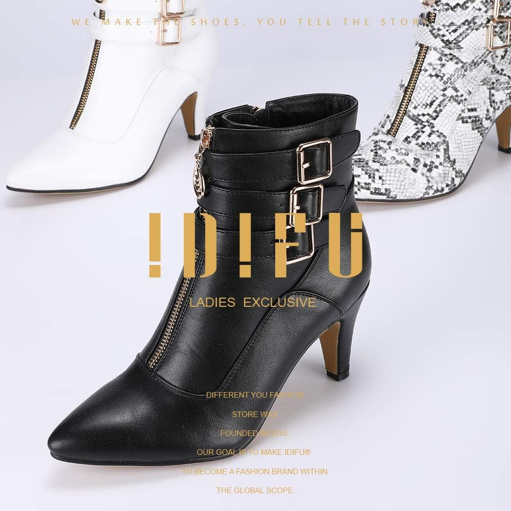Women'S Pointed Toe Metal Buckle Two Strap Ankle Booties Side Zipper Kitten Heel Dress Classic Short Boots