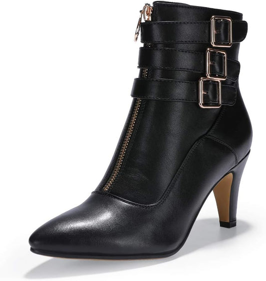 Women'S Pointed Toe Metal Buckle Two Strap Ankle Booties Side Zipper Kitten Heel Dress Classic Short Boots