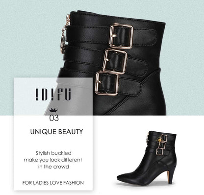Women'S Pointed Toe Metal Buckle Two Strap Ankle Booties Side Zipper Kitten Heel Dress Classic Short Boots